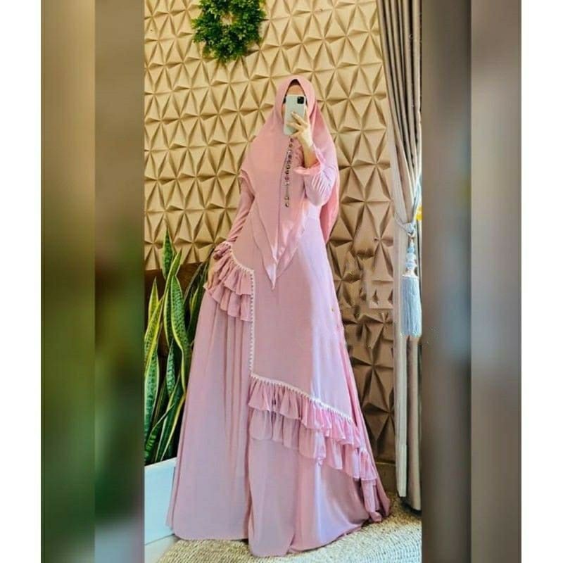 gamis syari khimar set pesta mewah maxi busui friendly delisha syar'i polos bahan ceruti babydoll