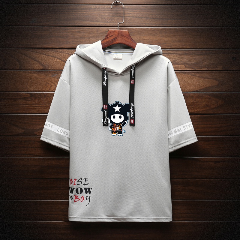 Kaos Hoodie Lengan Pendek Aneka Warna Motif Bordir Kartun dan Tulisan untuk Pria TX648