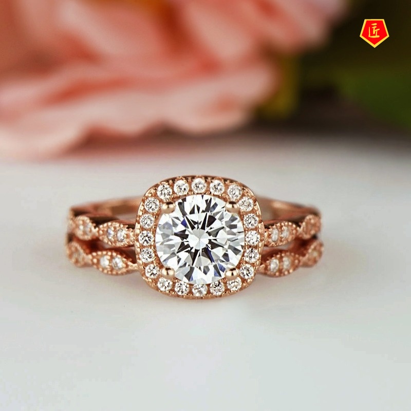 [Ready Stock]Fashion Simple 18K Rose Gold Single Diamond Double Layer Ring Set