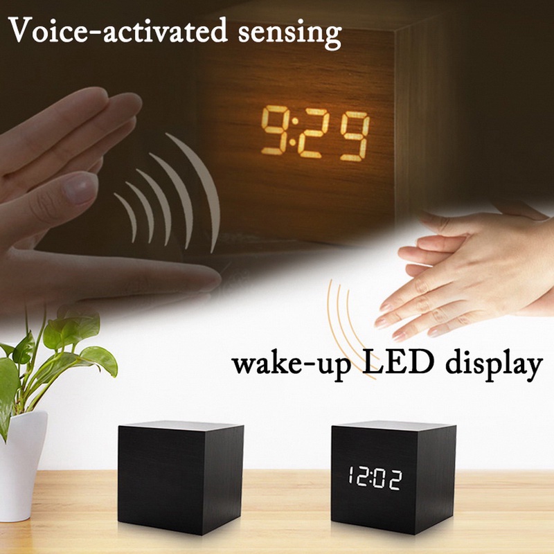 Jam Meja Digital Led Motif Kayu - Wooden Table Clock Alarm Weker