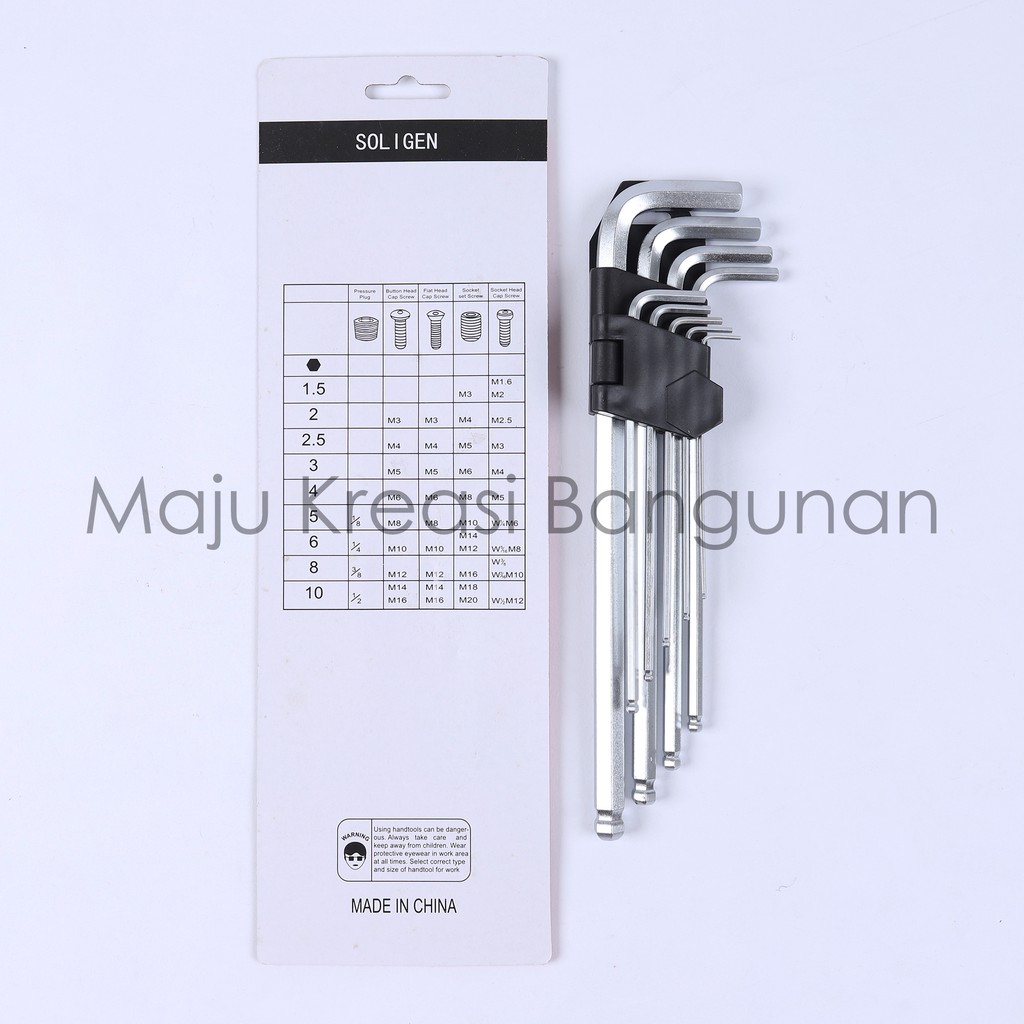 Kunci L Panjang Set SOLIGEN C03 9 Pcs Bengkel Long Ball Point Hex Key Wrench 9Pcs Buah