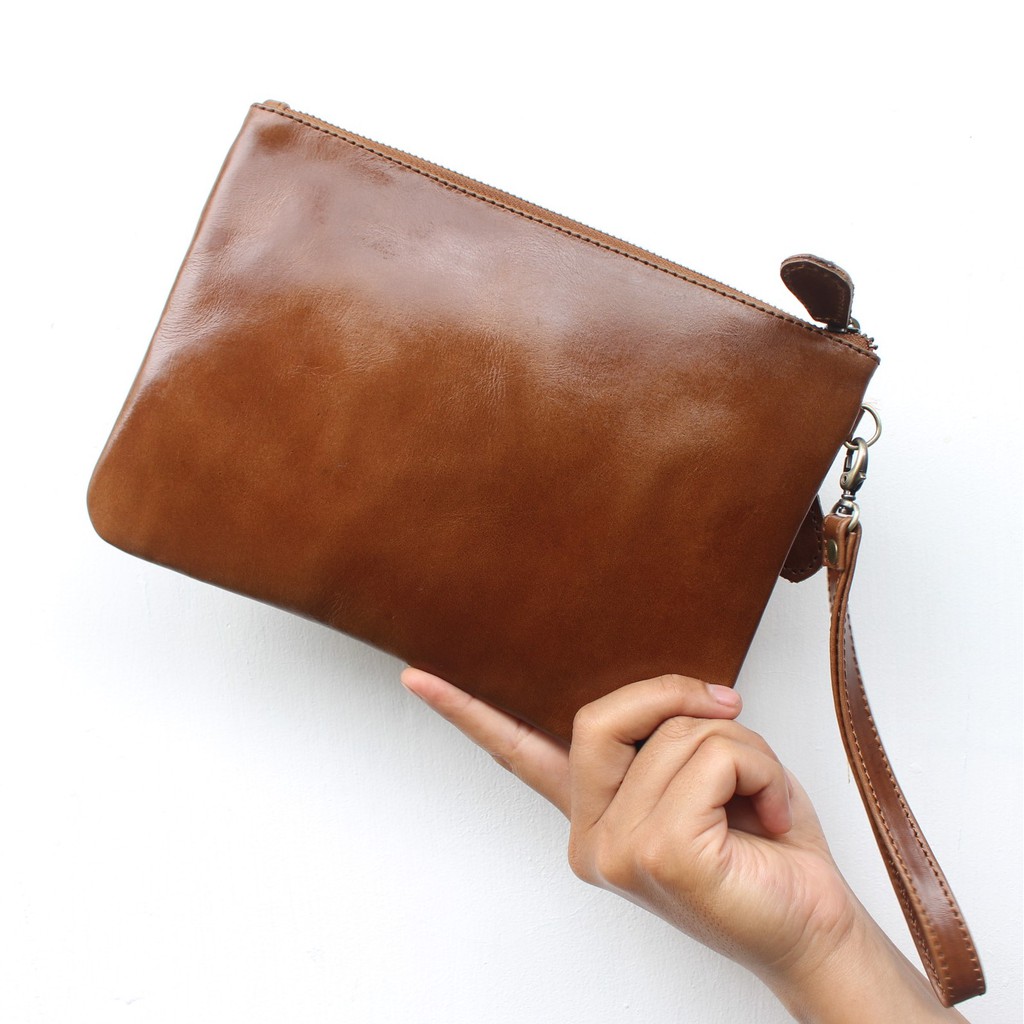 CLUTCH WANITA KULIT SAPI PULL UP ASLI LAILY DOUBLE ZIPPER HAVANA / FREE GRAVIR NAMA