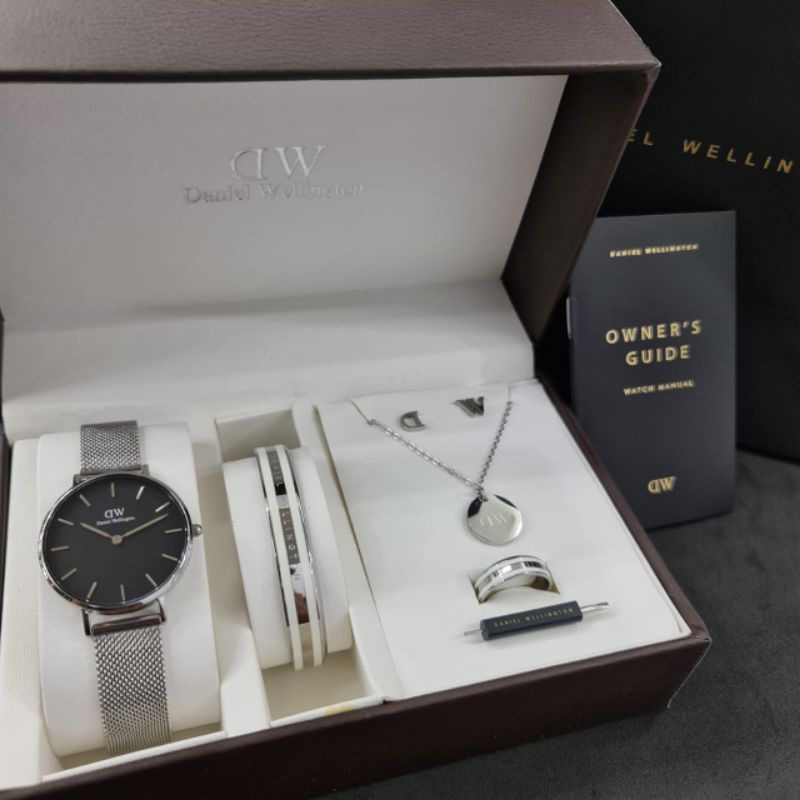 Jam Tangan Wanita DW DANIEL WELLINGTON Full Set ORIGINAL Black Silver