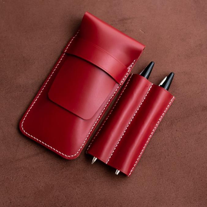 

Red Leather Fountain Pen Case, Double Pen Case, Ballpoint Case Braow