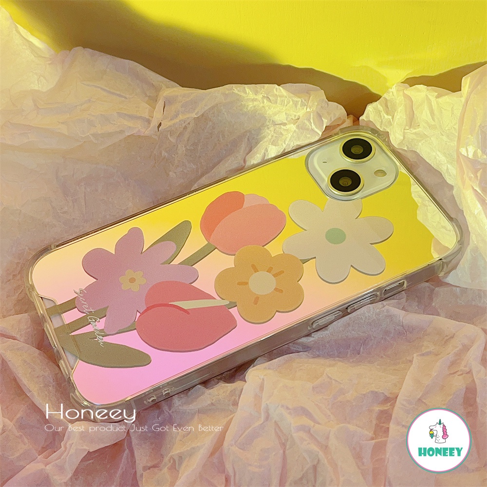 Casing Soft Case Bumper TPU Motif Bunga Aksen Cermin Makeup Untuk IPhone 13 / 12 / 11 Pro Max / X / XS / XR / 8 / 7 +