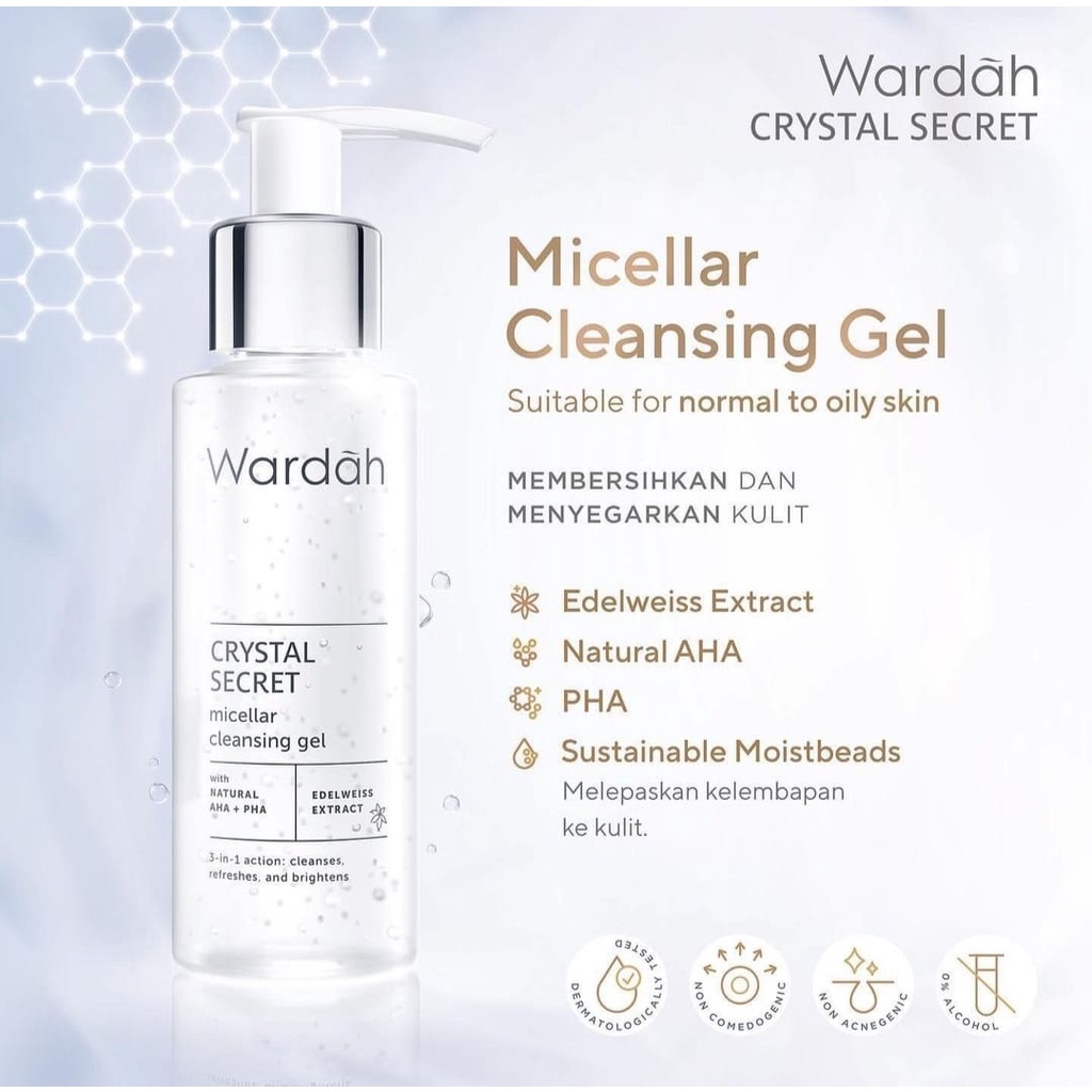 Wardah Crystal Secret Micellar Cleansing Gel 95 ml - Micellar untuk kulit berminyak - Micelar Putih White BPOM Facial Wash Sabun Cuci Muka Sabun Pembersih Pencuci Wajah Foam Cleanser Pemcuci Crystalure Kristallure Cristal Kristalure Cristallure Cristalure