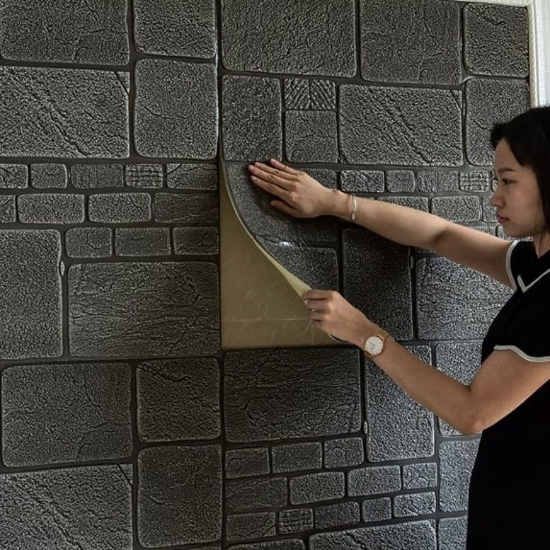 wallpaper sticker foam 3D permukaan timbul motif batu alam hitam klasik