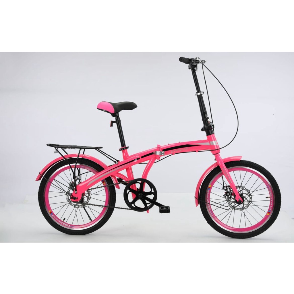 Khusus Gojek/Grab Instant Sepeda Lipat Evergreen 20 Double Discbrake Cakram Import Taiwan bisa COD gudang foldingbike-pink