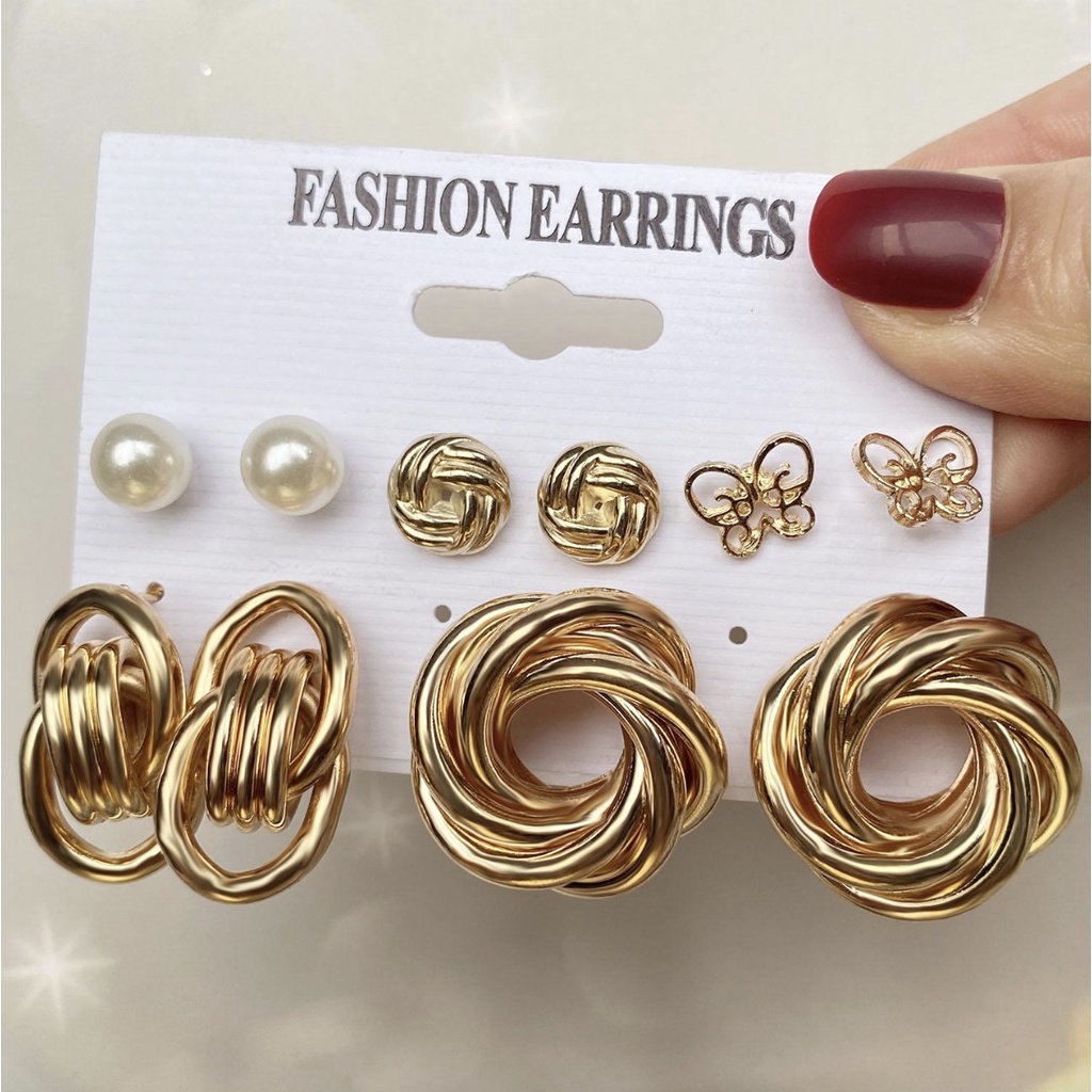 Anting Set Tusuk 5 Pasang Bulat Tebal Model Vintage Dalika