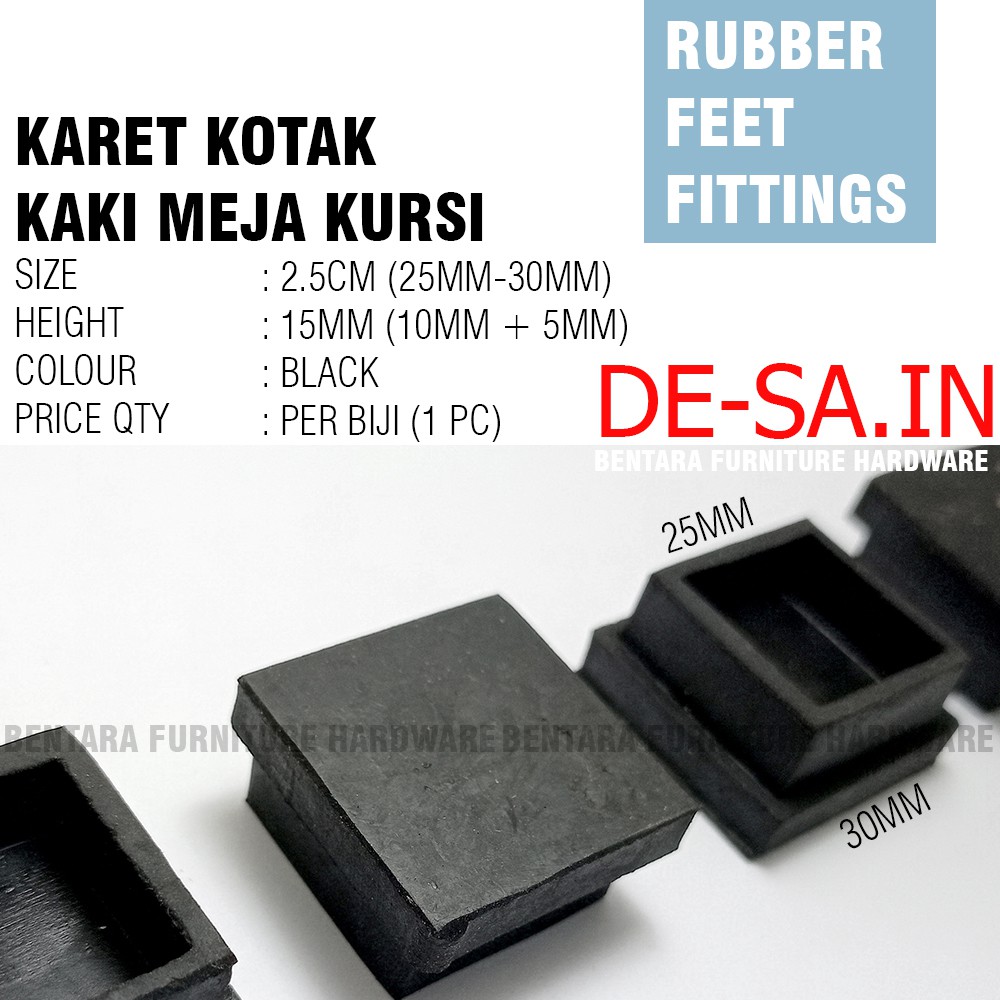 2.5CM Karet Kotak Pipa Hollow 25X25MM - Karet Hollow Hitam Kaki Meja Kursi Anti Slip Rubber Pad