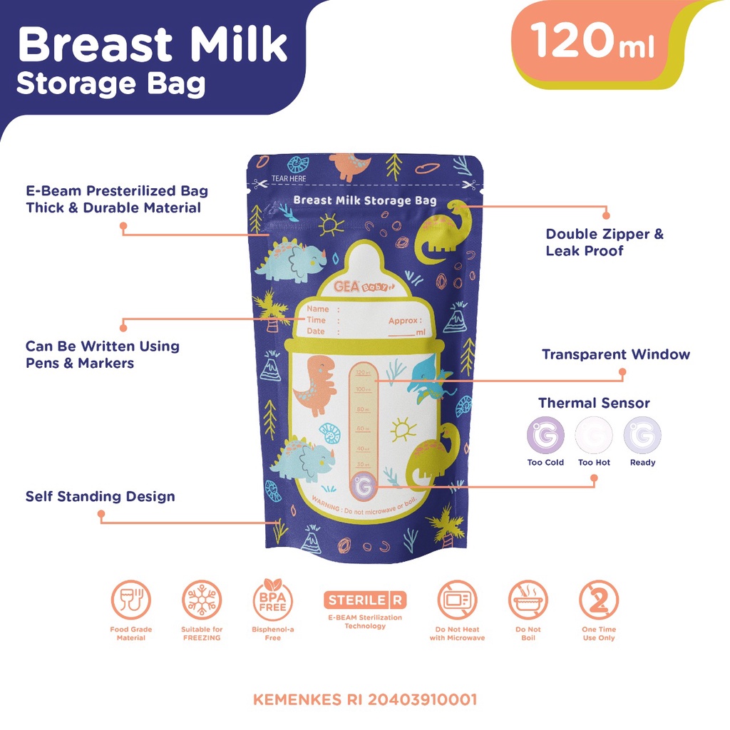 GEA Baby tempat untuk Asi Bayi / Kantong Asi 120ml Motif Dinoland Kemasan Pouch