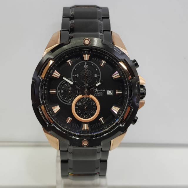 Jam tangan Alexandre Christie ac 6305 pria black rose gold original