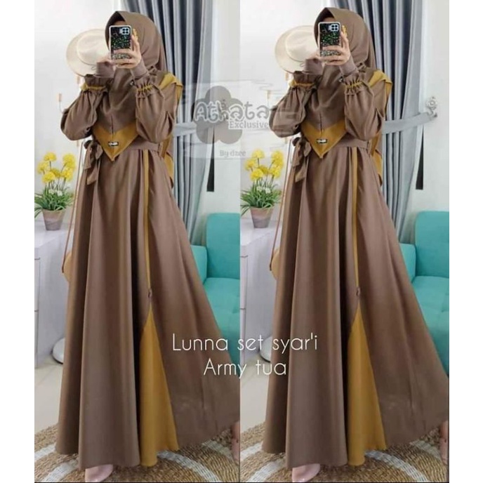 Gamis set luna original by athata warna army tua/ arumhijab/ gamis murah/ gamis set khimar/ gamis um