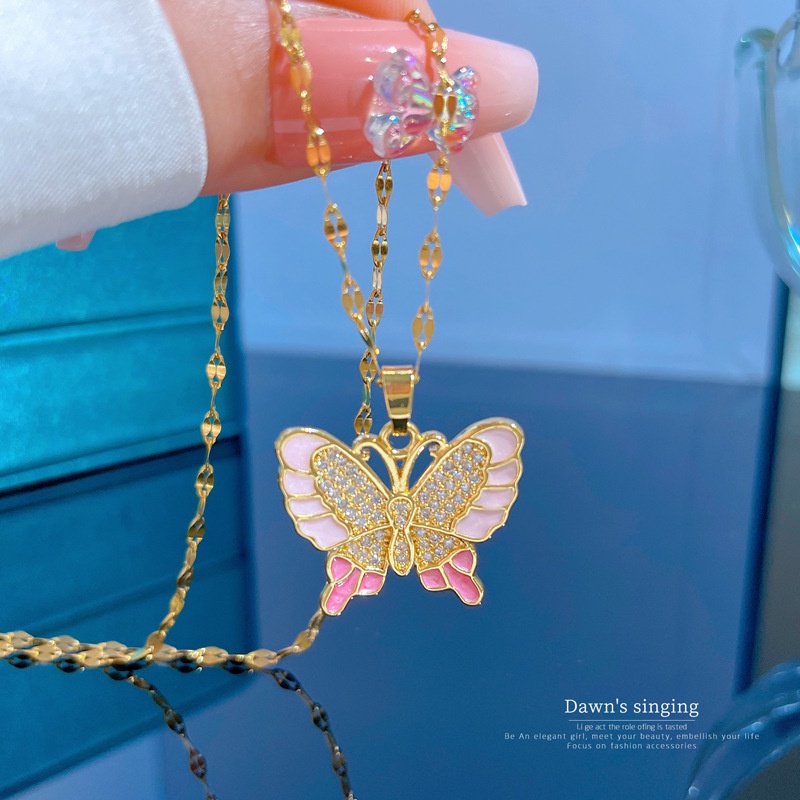 Barbie Kalung Rantai Emas 18K Liontin Kupu-Kupu Hias Cubic Zirconia Untuk Wanita