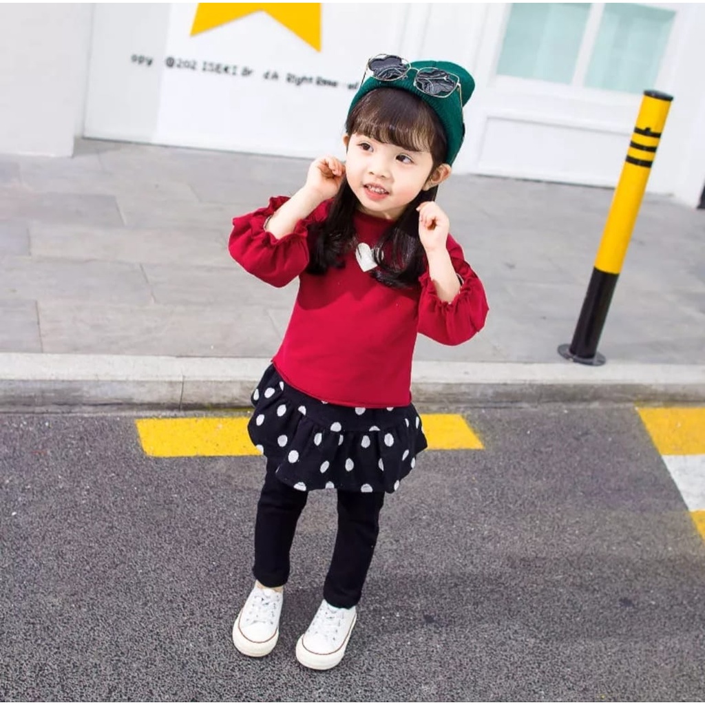 QFS - SETELAN KIDS RED BLACK / CELANA ROK / SABLON POLKA UMUR 3-5THN/KOREA/ TERBARU / TERPOPULER