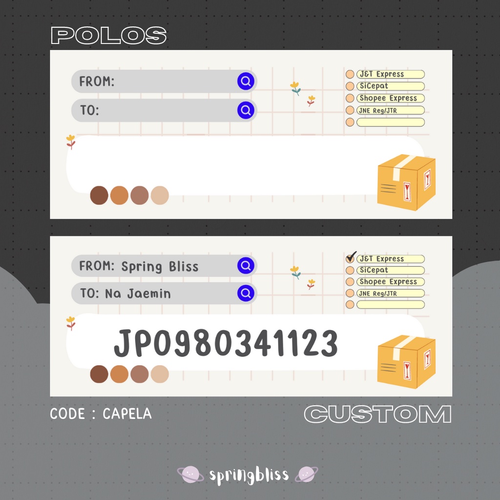 

✨ label pengiriman (resi) aesthetic / vintage online shop - olshop (free custom) CODE: CAPELA II #SPRINGBLISS