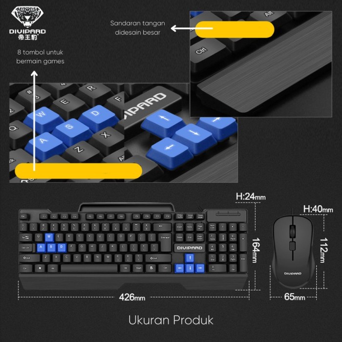 Divipard Keyboard Mouse Combo Kabel USB 2.0 MK350 Anti Air Docking