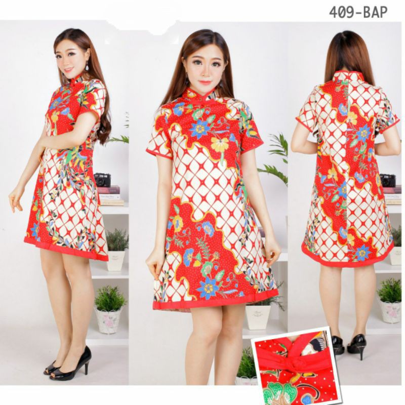 Dress merah cheongsam batik katun stretch 409 BAP