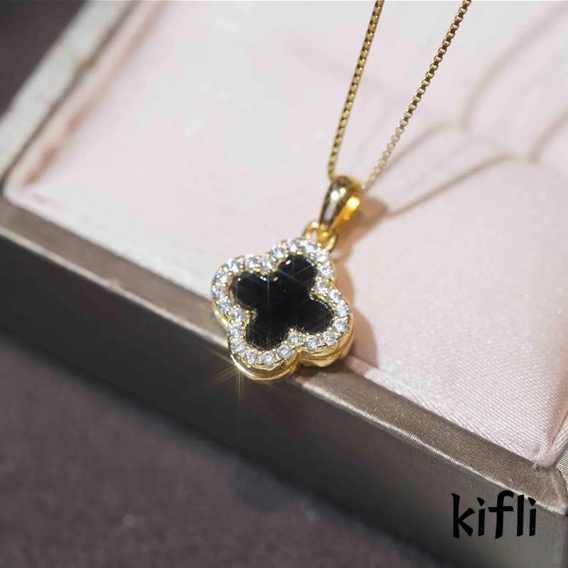 Kalung Rantai Liontin Daun Clover Hias Kristal Zircon Mewah Untuk Wanita (KD)