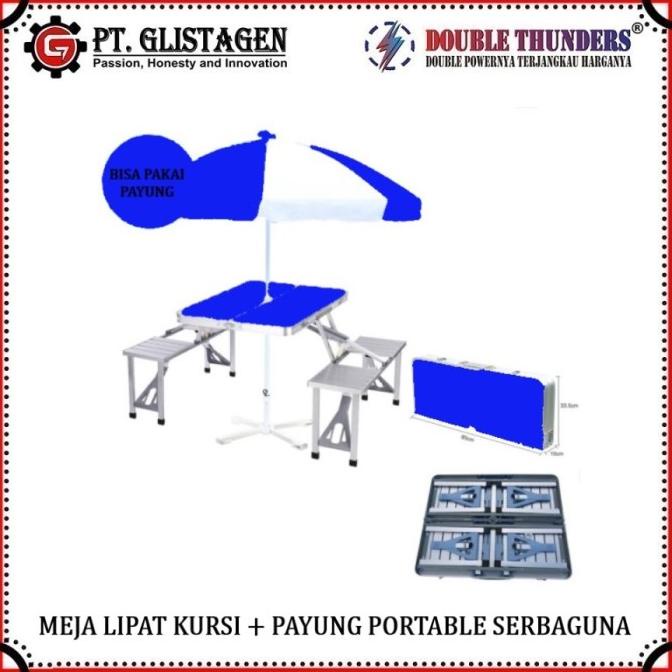 Meja Kursi Payung Lipat Aluminium Portable Koper Serbaguna Kaki Kotak - Biru