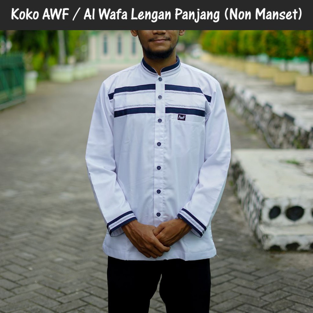 Baju Koko Pria Lengan Panjang Kemko / Kemeja Koko AWF / Al Wafa Putih (Non Manset)