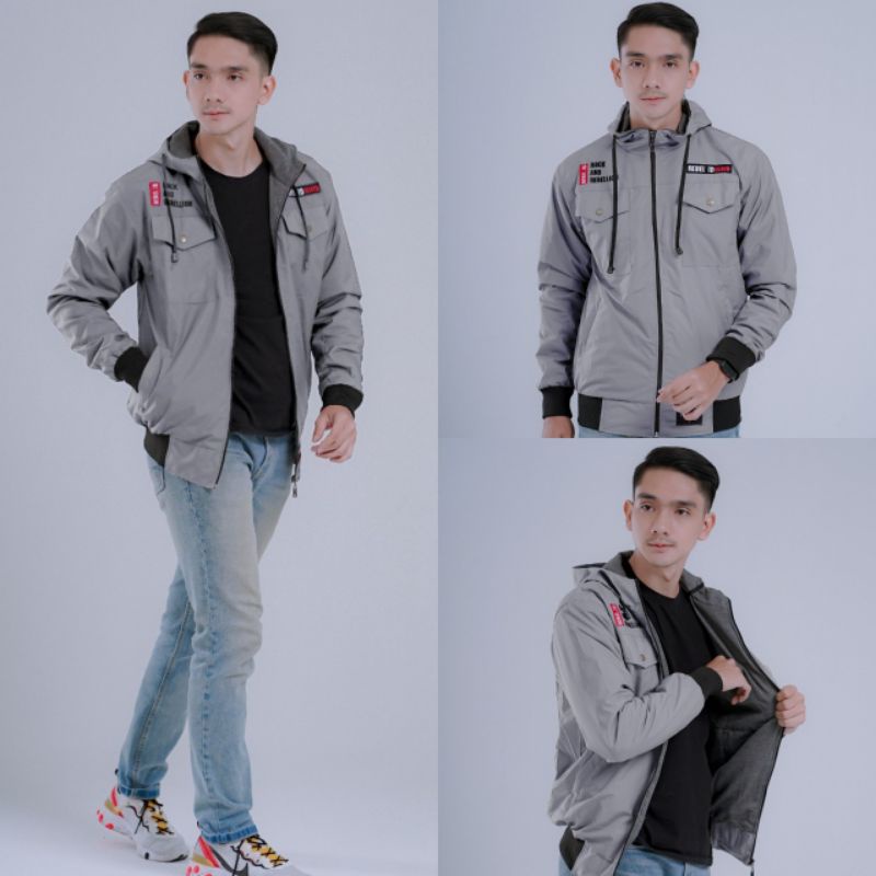 Jaket pria IKC 002 distro cbr six Bandung hoodie dua sisi bolak balik keren grosir pakaian pria H0D7-Semi Parka Abu Muda