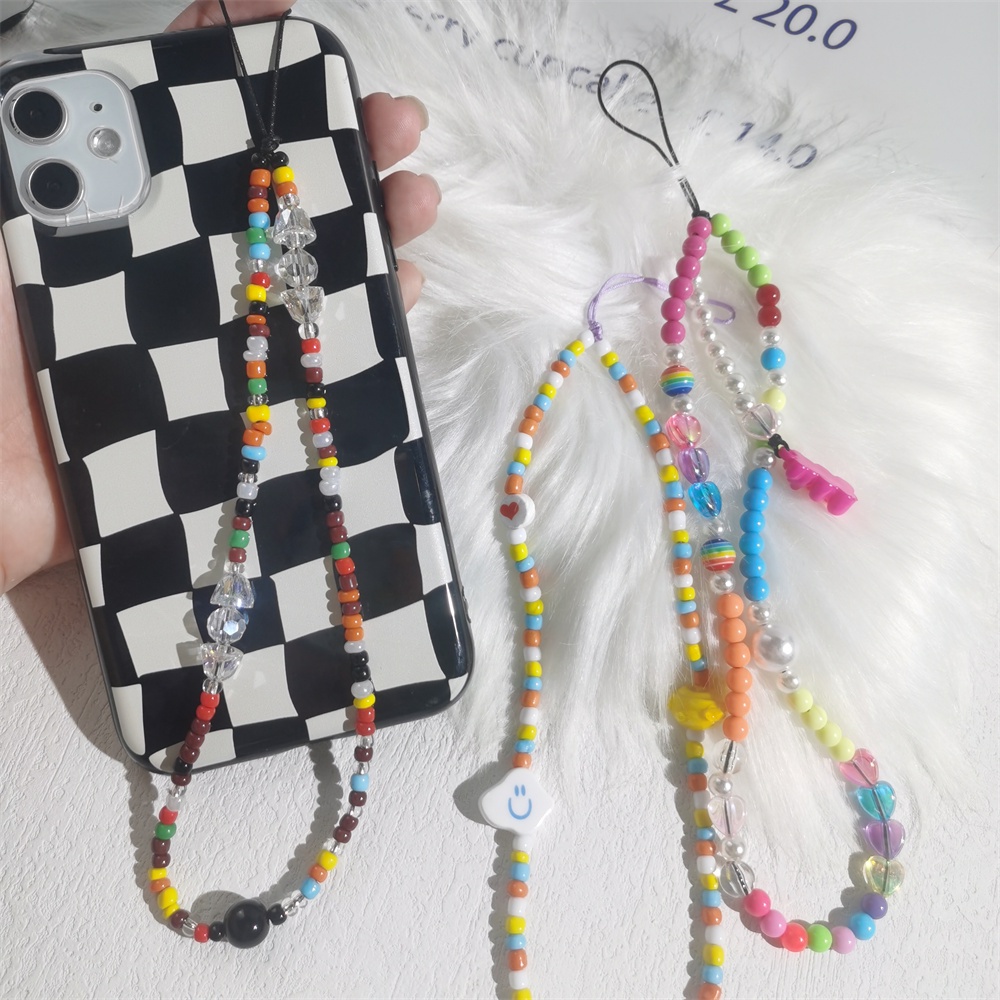 Tali Lanyard Rantai Manik-Manik Akrilik Motif Kartun Warna-Warni Anti Hilang Untuk Case Hp