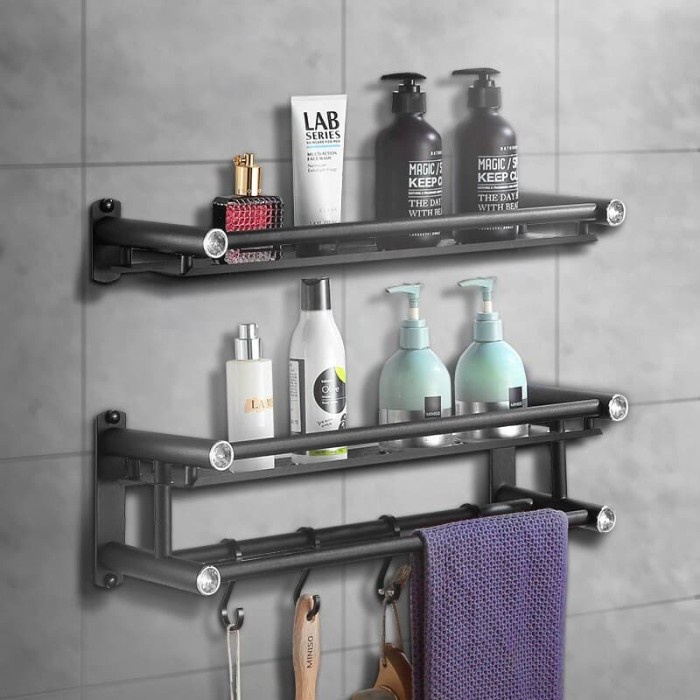 Micoe Rak kamar mandi stainless steel hitam rak handuk 2 tingkat 50cm