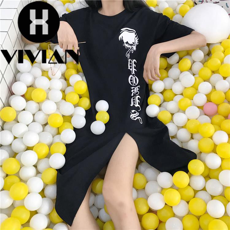 ?VIVIAN? Dress Kaos Wanita Lengan 1/2 Longgar Motif Print Tulisan dengan Belahan Depan Gaya Korea