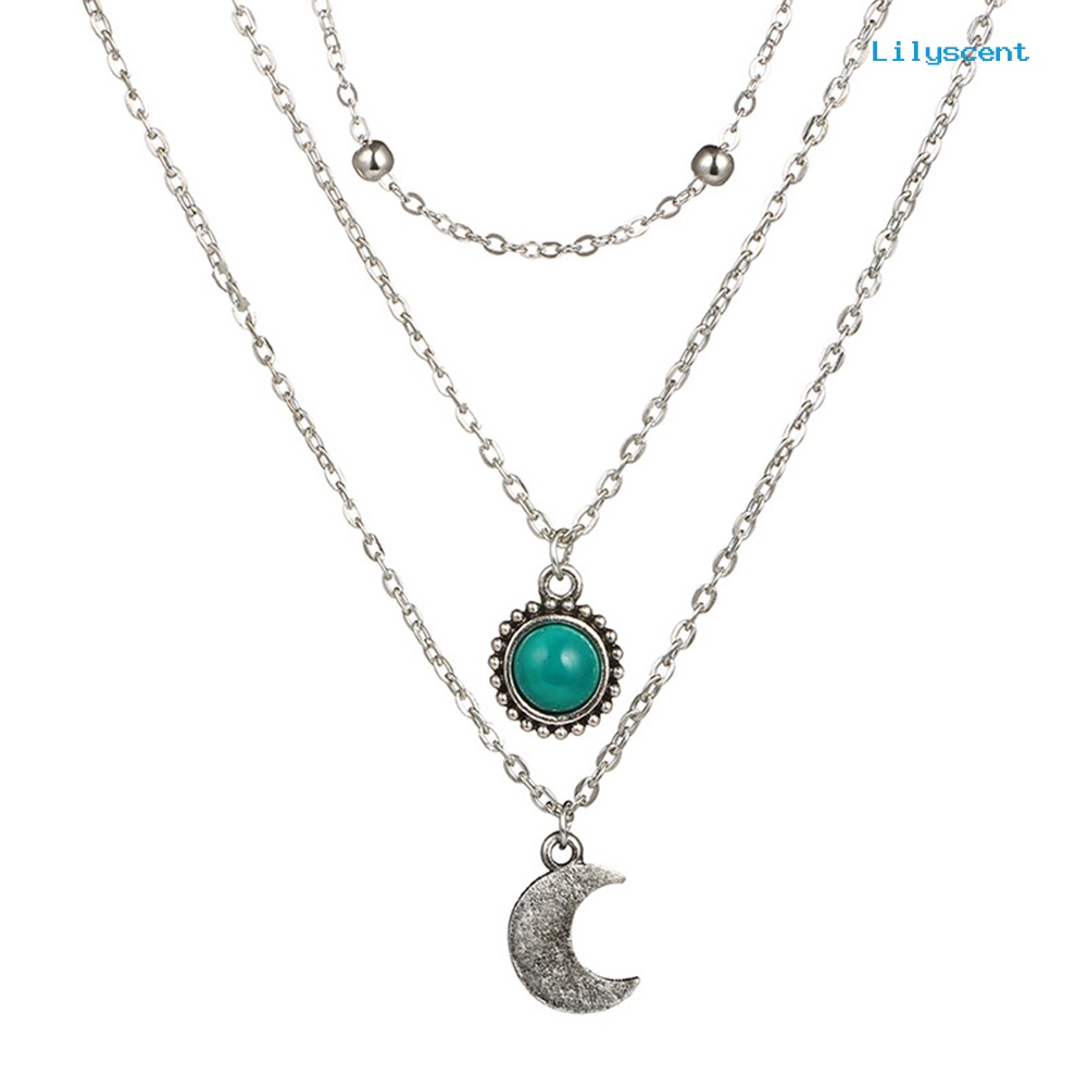 Kalung Rantai Multilayer Dengan Liontin Bulan Sabit Aksen Turquoise Imitasi Untuk Wanita