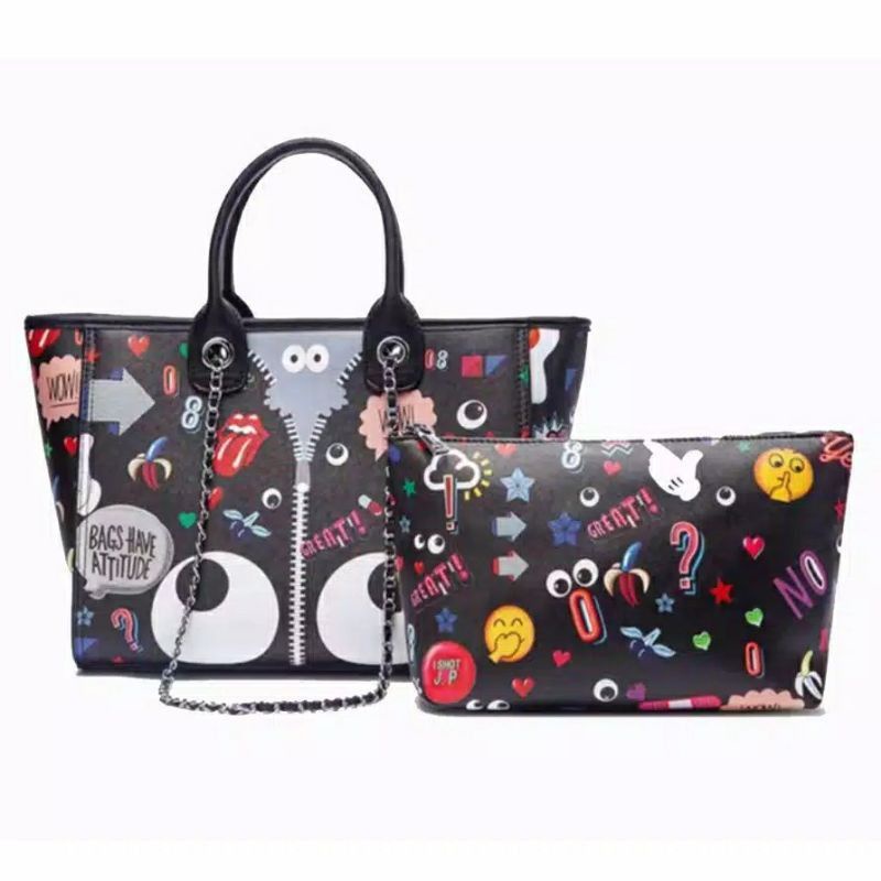 91 SALE Tote shoulder HUER eye theme FREE SHOPPING BAG huer mata tote pouch black tas bahu