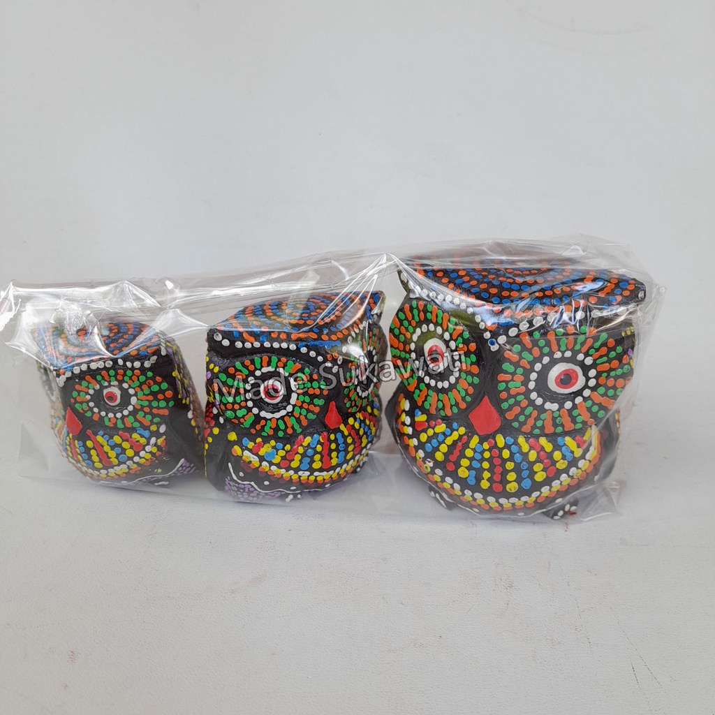 Pajangan patung burung owl kayu 1set isi 3pcs