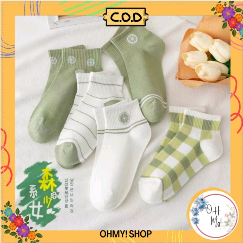 [ COD ] Kaos Kaki Wanita Motif Lemon Pendek Semata Kaki Lucu Hijau Lumut Korea Style Women Sock Import / Kaos Kaki Wanita Pendek Motif Kotak Garis