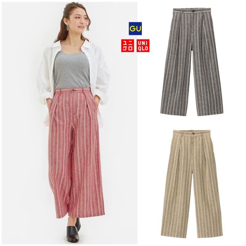 GU/UNQLO STRIPE WIDE KULOT LINEN