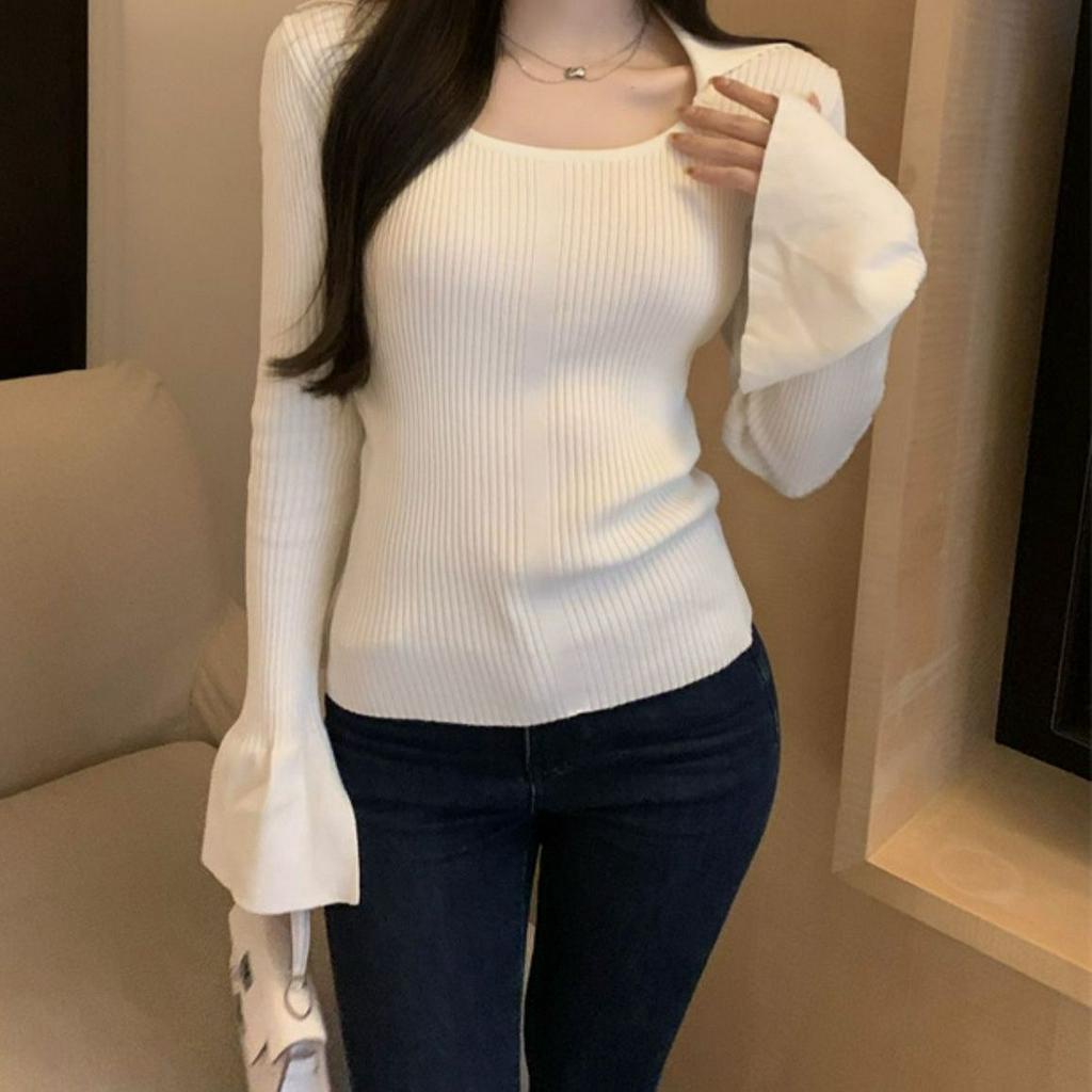 YIU YIU Rajut - Baju Atasan Wanita Lengan Panjang Rajut Polos Casual Top