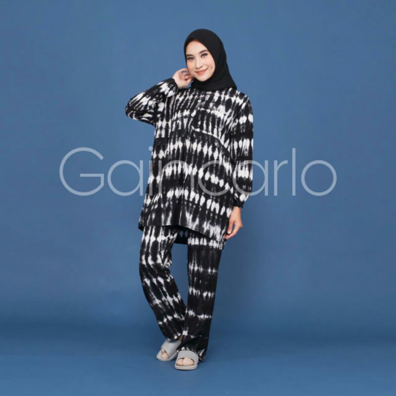 Baju Tidur Garis Tie Dye Setelan Piyama Motif Tali Serut Pakaian Wanita Lengan Panjang