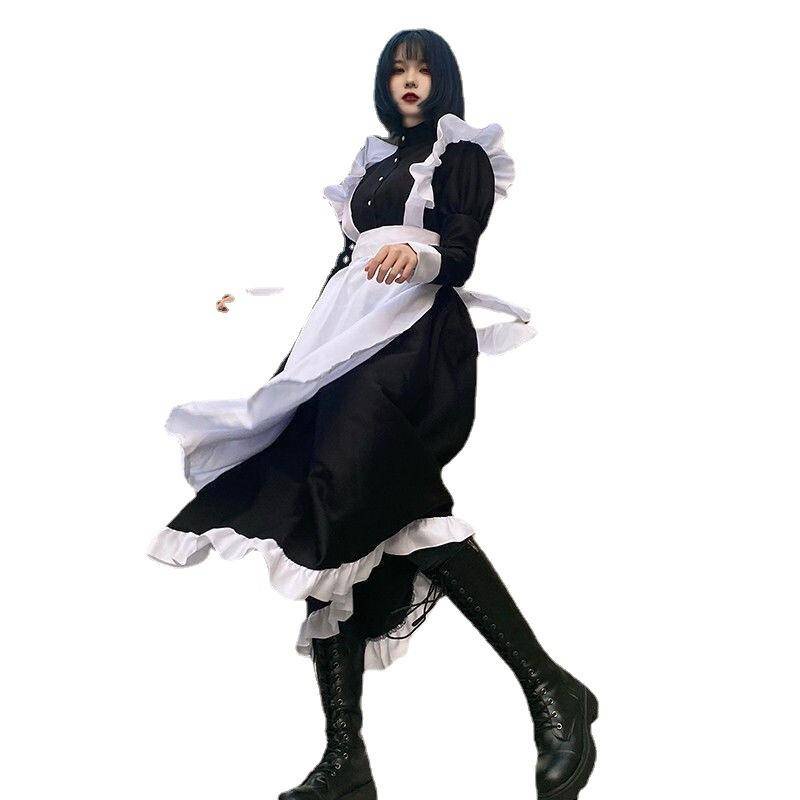 【Wetrose】Pria Wanita Memakai Cosplay Lucu Jepang Lolita Anime Pembantu Loli Hitam Panjang Gaun Kostum Maid Costume Suit