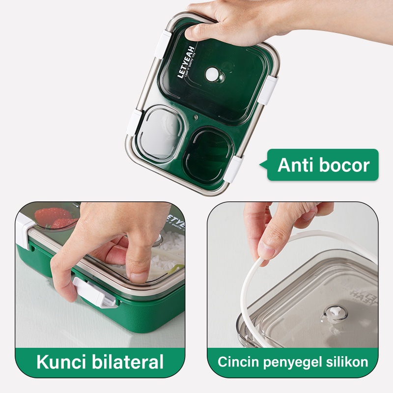 Letyeah &amp; Kaizenliving Kotak bento 3 grid lunch box 850ml anti bocor dengan sendok / BPA free