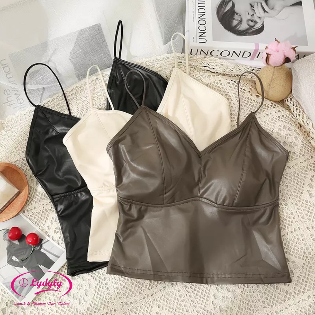 Lydyly | Tanktop Bra YN256 Kulit PU Premium | Kamisol Seksi Atasan Tali Spaghetti Kecil BH Busa Tanp