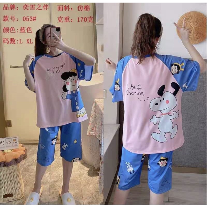 PIYAMA KAOS SPANDEX PREMIUM BAJU TIDUR STRECH OVERSIZE PAJAMAS KAOS SET CELANA 7/8 MOTIF CUTE