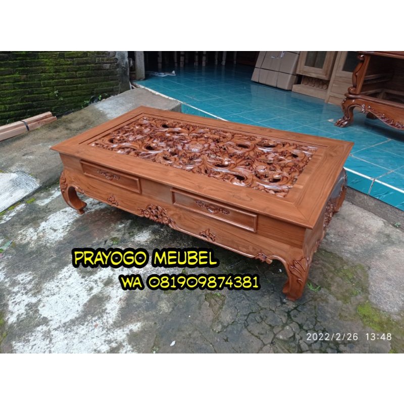 meja tamu opium ketapang laci kayu jati murah - meja tamu ukir - meja lesehan ukir
