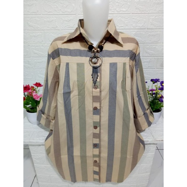 Kemeja wanita atasan motif salur bahan katun KM039A-3