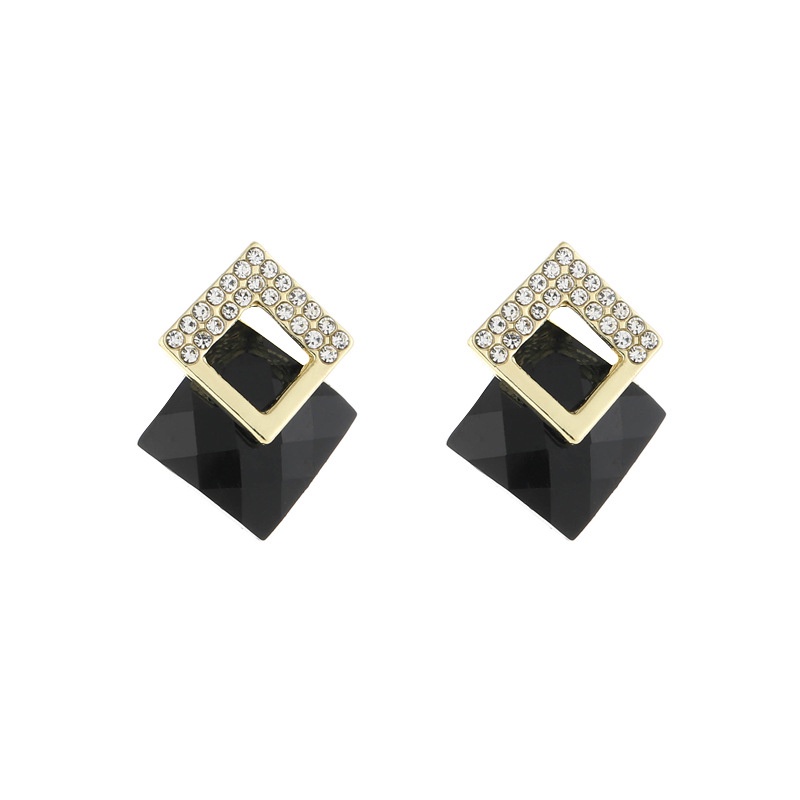 Anting Tusuk Gantung Temperament Bahan Sterling Silver 925 Desain Persegi Hias Berlian Hitam Gaya Trendy Untuk Wanita