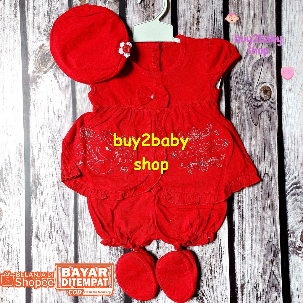 Setelan Dress Bayi Cewek lengkap Topi Pita Sepatu Set Pon-Pon Red Series 0-3 bulan 1 PCS