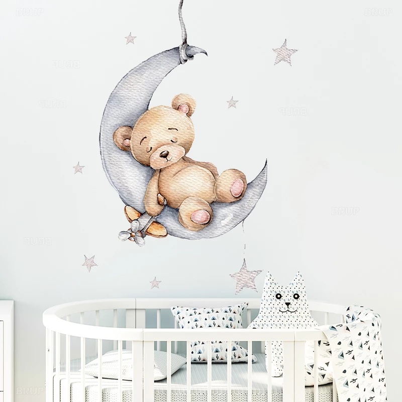 [ Creative Cartoon bear moon clouds stars wall stickers decoration for Home Living Room Children's Room Background ]