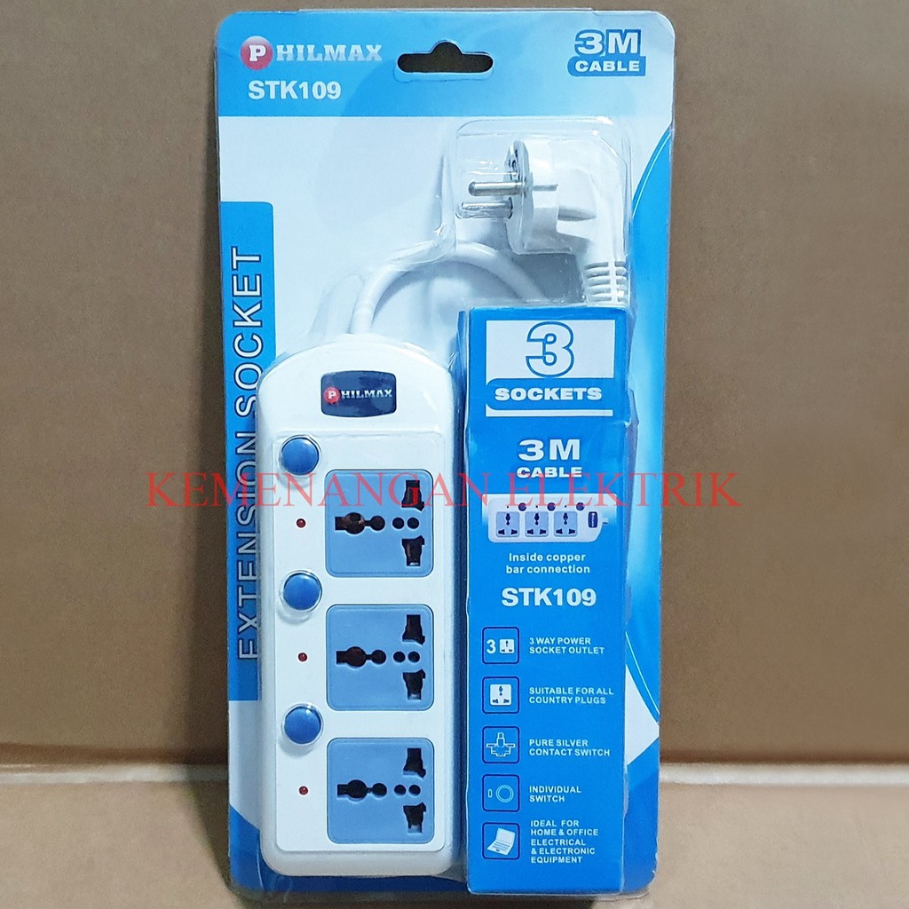 PHILMAX STOP KONTAK 3 LUBANG / COLOKAN KABEL 3 SOCKET + SWITCH / SAKLAR KABEL 3M STOPKONTAK 3 METER / COLOKAN LAMPU MASING MASING SWITCH 3 LOBANG 3METER