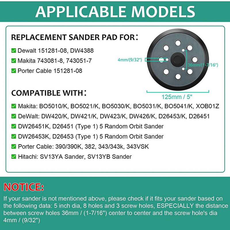 2Pcs Replacement Sander Base Pads Round Hook and Loop Backing Pad Orbital Sander Replacement Pad 125mm 8 Hole