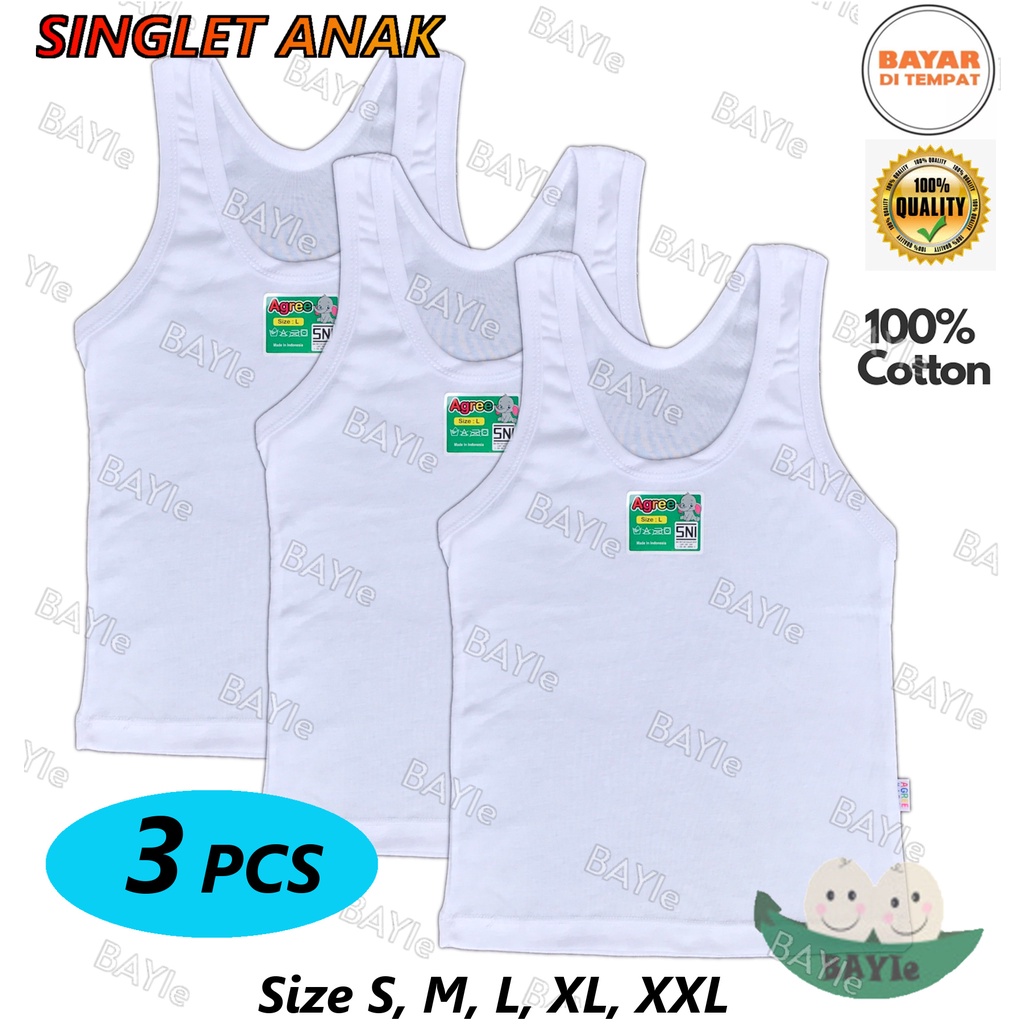 3 PCS Kaos Dalam / Singlet Anak Putih AGREE KIDS 100% Katun usia 0 - 12 tahun Size S, M, L, XL, XXL