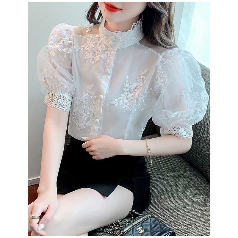 Blouse atasan wanita putih cantik sifon tile Korea lengan pendek elegant