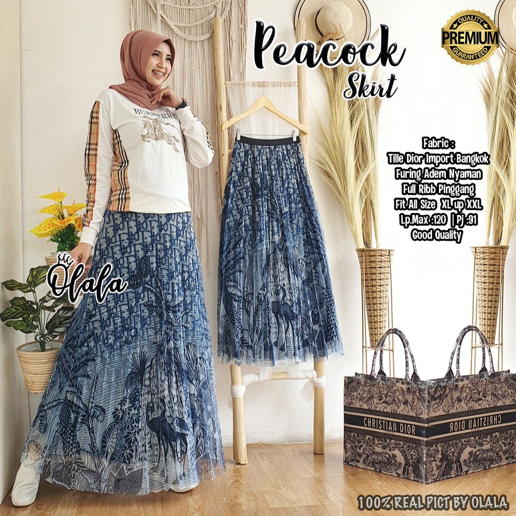 Rok Midi Peacock Tile Dior Import Bangkok